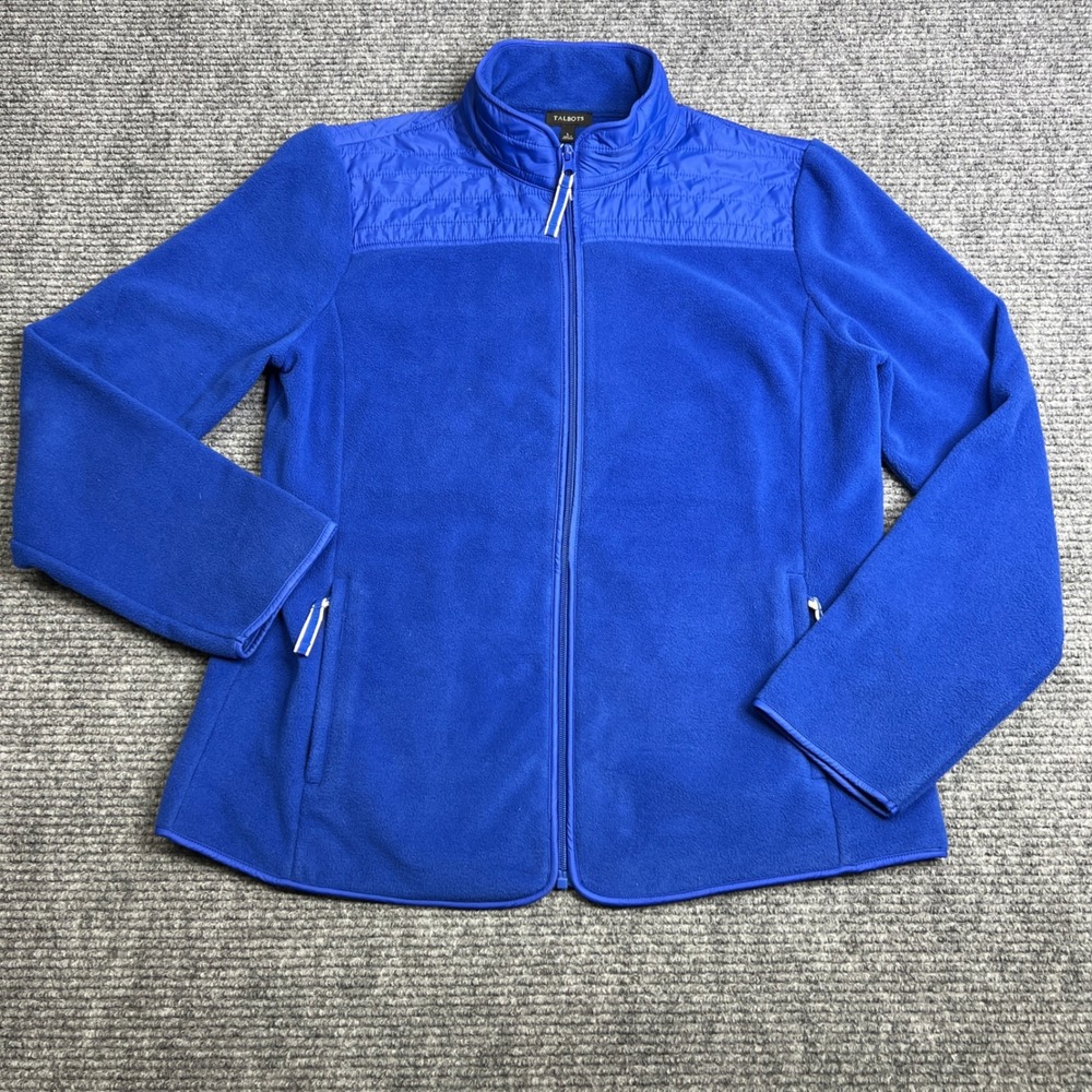 Talbots Womens Royal Blue Full Zip Fleece Jacket Quilted Yoke Mock Neck Large